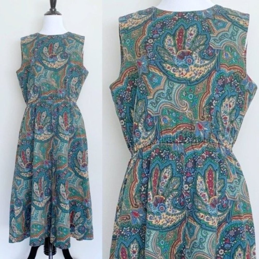 Vintage 70s Sleeveless A-Line Midi Dress Handmade Green Paisley Tapestry  M/L